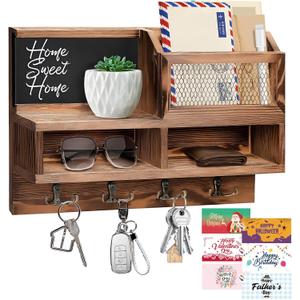 Key Holder Wall Mount, Wooden Mail and Key Organizer with Chalkboard and Mirror, 3 Greeting Cards, 8 Hooks, Brown, Type 1
