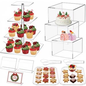 Ripeng 11 Pack Dessert Table Display Set Risers Display Stands, 3 Pcs Buffet Risers, 4 Tier Dessert Stands, 2 Serving Trays, 3 Mini Signs and 2 Serving Tongs for Christmas Birthday Party