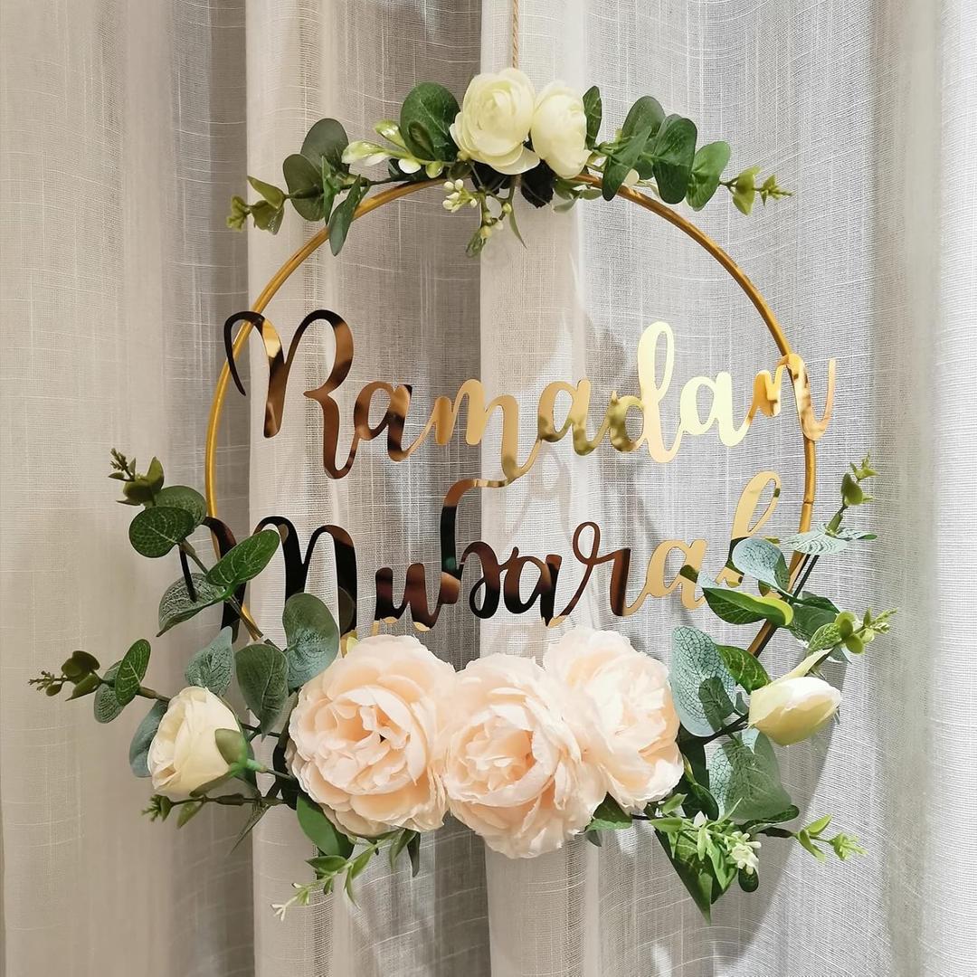 Ramadan Mubarak Wreaths Decorations, Artificial Pink Camellia Metal Hoop Floral Wreath, Eid Mubarak Garland Decor, for Farmhouse Door Wall Window Indoors Outdoor