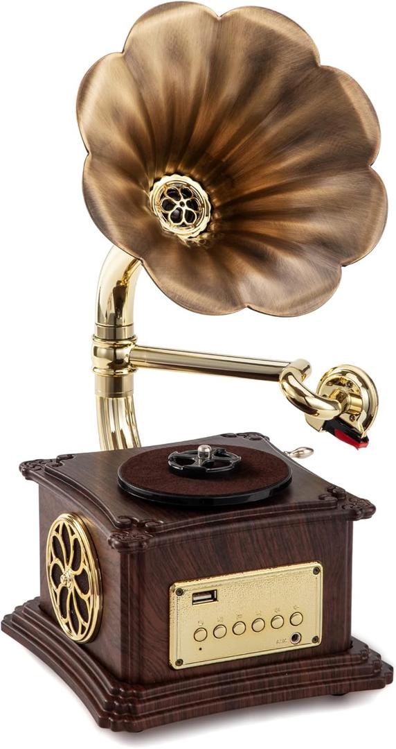 Mini Gramophone Vintage Copper Horn Record Player with Bluetooth, USB, AUX, FM Radio and Builtin Speakers for Gift Home Decor