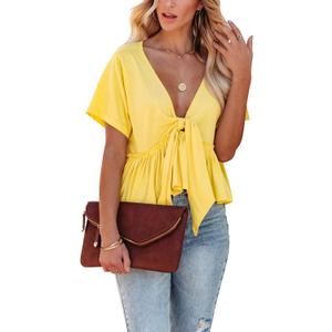 Fanway&EC Women's Short Sleeve V Neck Blouses Ruffle Hem Tie Front Crop Tops Lightweight Basic Summer Tops (X-Large, Yellow)