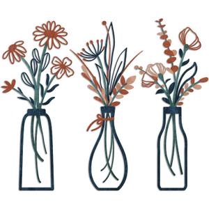 Pigort 3 Pieces Metal Flowers Wall Arts - Rustic Farmhouse Decor Minimalist Flower Wall Decors for Living Room Bathroom Bedroom Dining Room-Housewarming Gifts (Orange Blue)