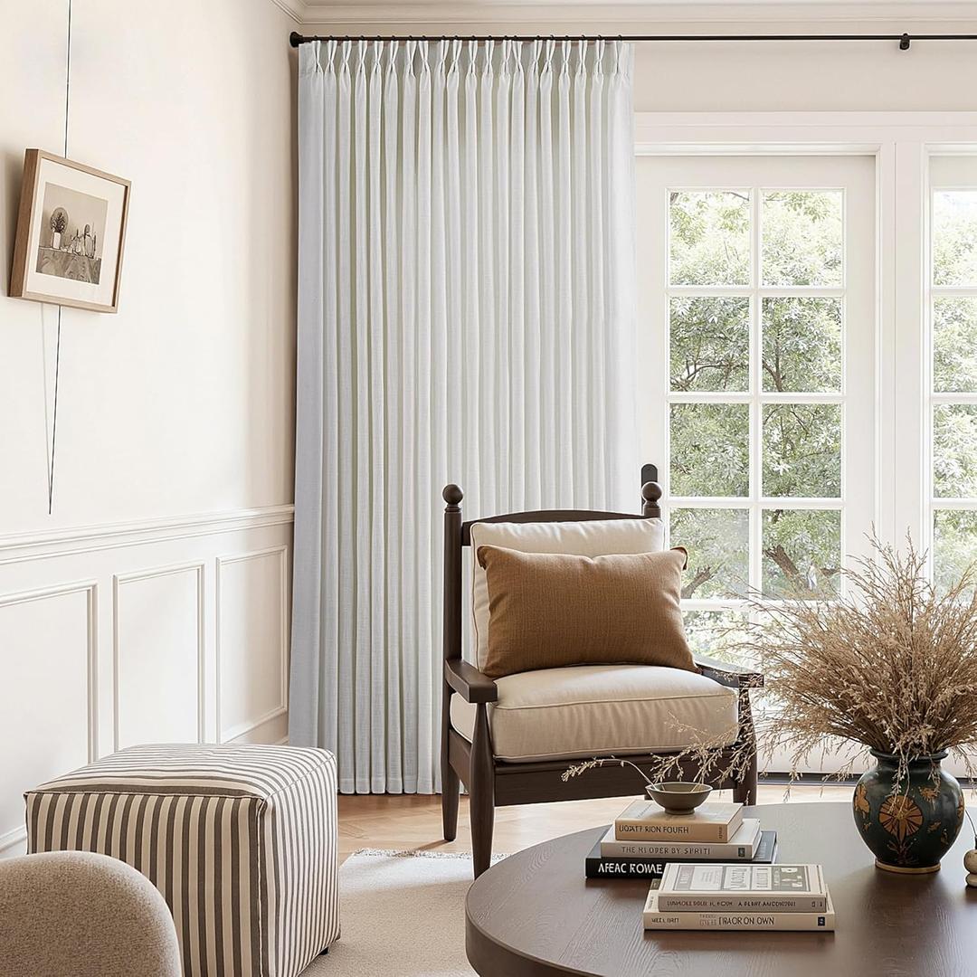 60 Inch Extra Wide Pinch Pleated Linen Curtains 112 Inch Length for Living Room Large Window Drapes Light Filtering Privacy for Bedroom Back Tab with Hooks Clip Rings Beige White 60W x 112L