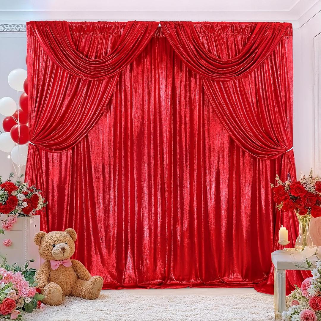 Christmas Backdrop Curtains Glitter Fabric - 4.8x8FT 4 Panels Red Background for Baby Shower Birthday Photography Decoration (19.2x8FT)