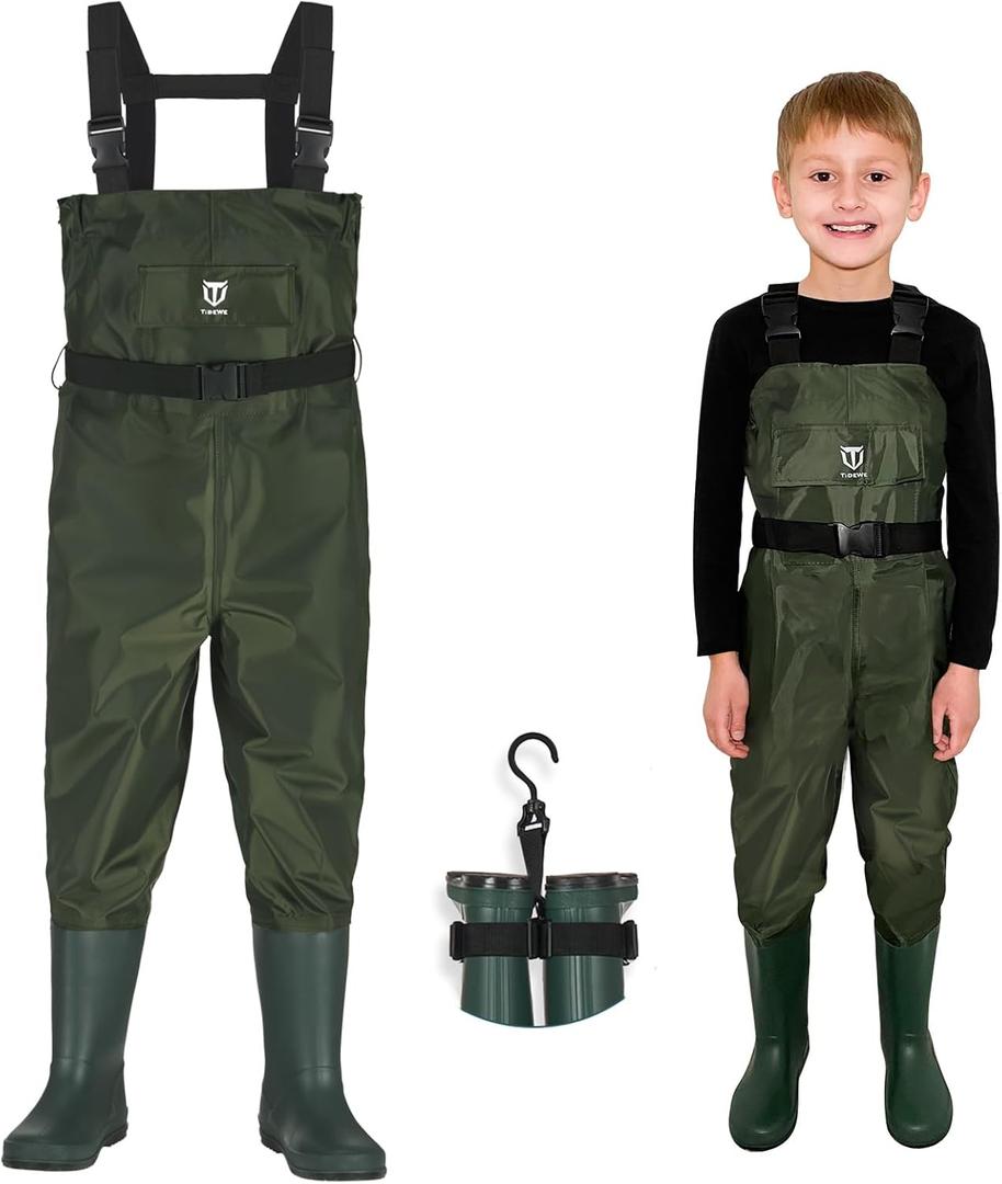 TIDEWE Chest Waders for Kids, Waterproof Youth Waders with Boot Hanger, Lightweight PVC Kids Waders with Boot for Fishing (6/7 Little Kid, Green)