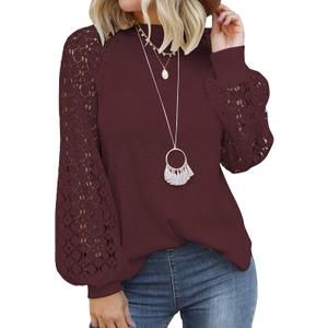 MIHOLL Women's Long Sleeve Tops Lace Casual Loose Blouses T Shirts (Large, Wine Red)