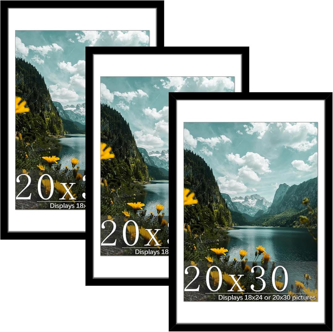Picrit 20x30 Frame 3 Pack, Black Poster Frame, Display Poster 18 x 24 with Mat or 20 x 30 without Mat for Horizontal or Vertical Wall Mounting