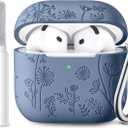 Lerobo for Airpods 4th Generation Case Cover with Cleaner Kit, Cute Flower Engraved Silicone Protective Case Cover with Keychain Compatible with Apple Airpods 4 Case 2024, Blue Gray