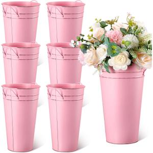 Irenare 12 Inch Vintage Galvanized Flower Metal Flower Vase Farmhouse French Planter Metal Floral Container for Party Table Centerpiece Weddings Home(Pink,6 Pcs)