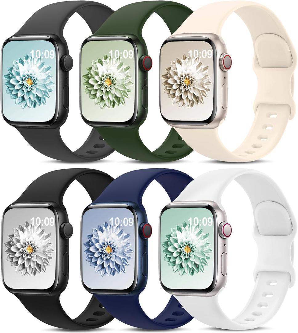 6 Pack Sport Bands Compatible with Apple Watch Band 38mm 40mm 41mm 42mm 44mm 45mm 49mm 46mm,Silicone Waterproof Strap for iWatch Apple Watch Series 11 10 9 Ultra 8 7 6 5 4 3 2 1 SE Women Men (Starlight/Black/White/Navy Blue/Cyprus Green/Dark Gray)