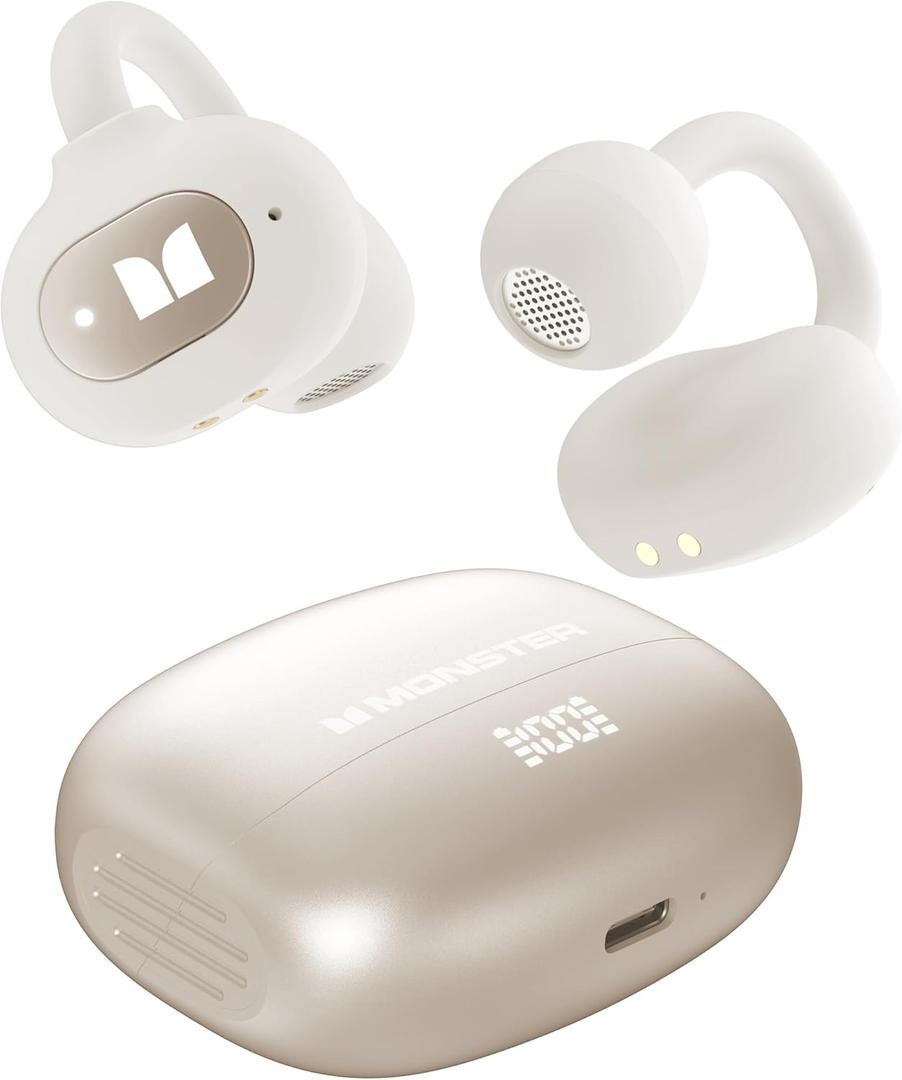 Monster Open Ear AC339 Earbuds, Bluetooth 6.0 Earphones Stereo Sound, Open Ear Clip Wireless Earbuds 40 Hours Playback, with Smart Digital Display Design, Touch Control, IPX6 Waterproof, Beige