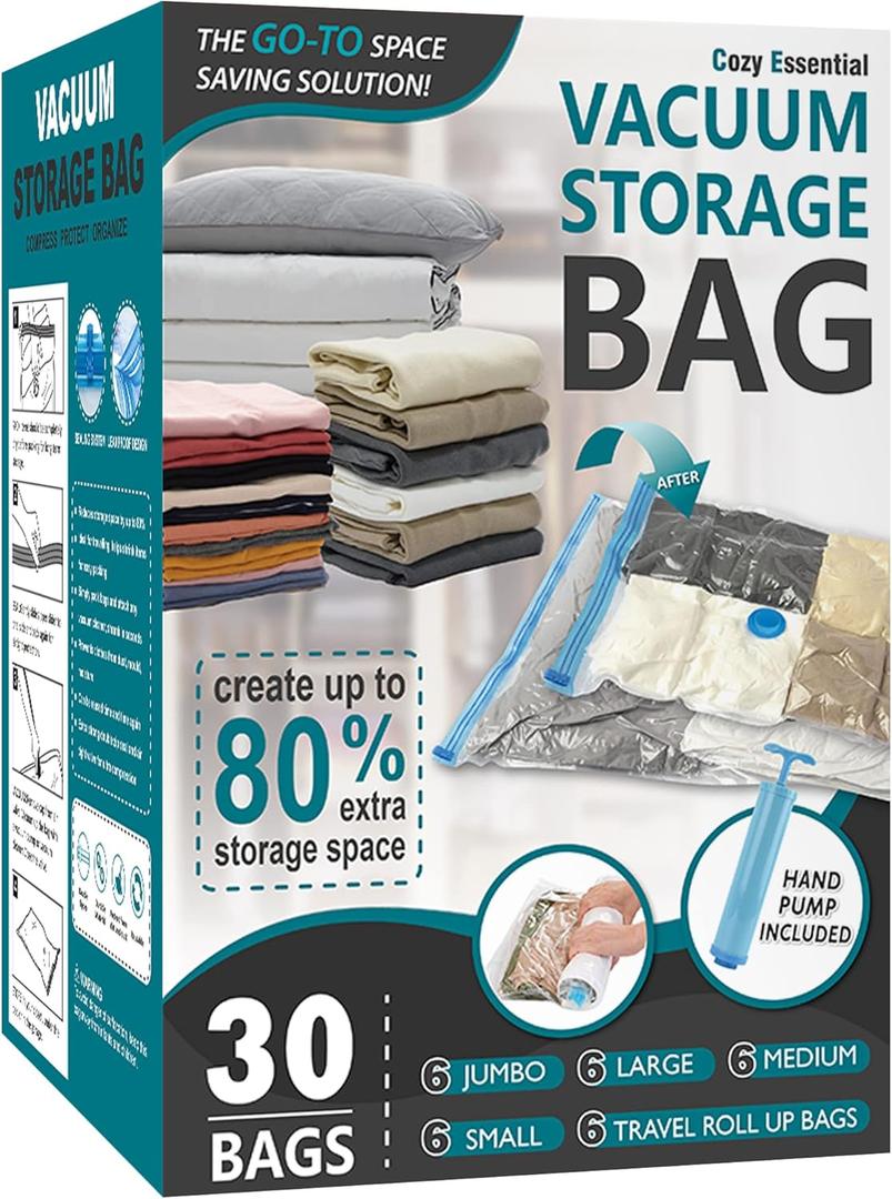Cozy Essential 30 Pack Vacuum Storage Bags, Space Saver Vacuum Storage Bags, Vacuum Seal Bags for Clothing, Clothes, Comforters and Blankets, Hand Pump Included