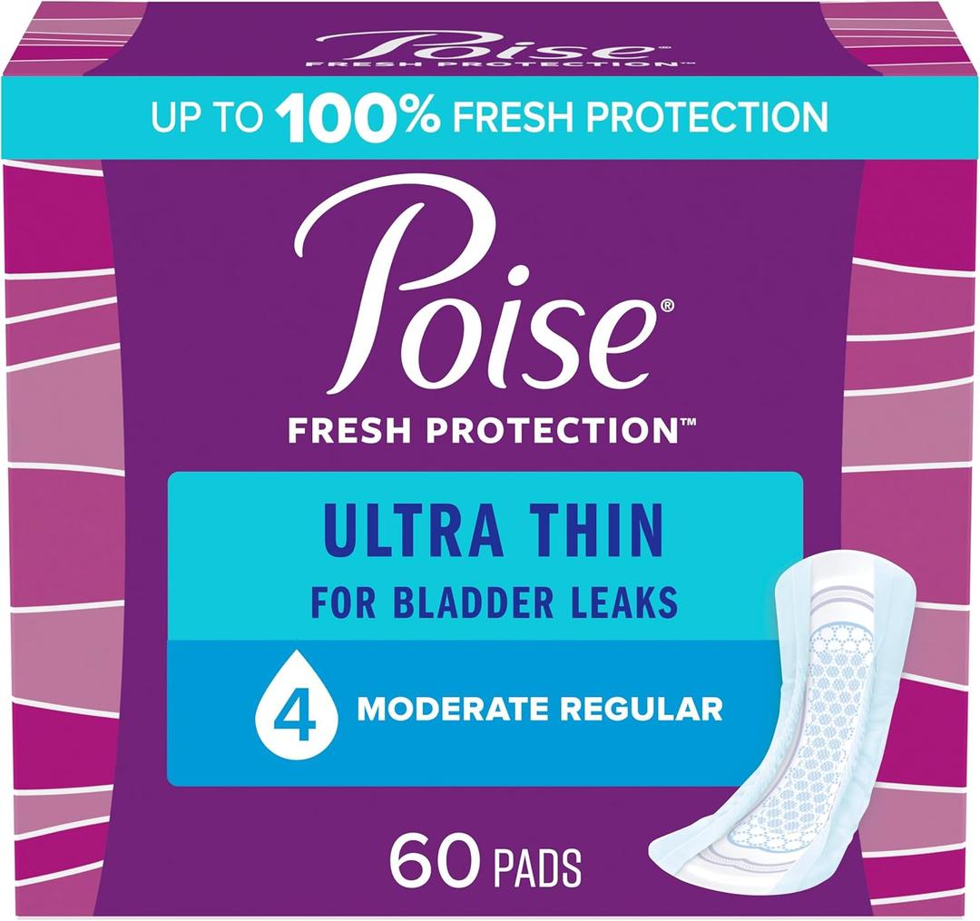 Poise Ultra Thin Incontinence Pads & Postpartum Incontinence Pads, 4 Drop Moderate Absorbency, Regular Length, 60 Count