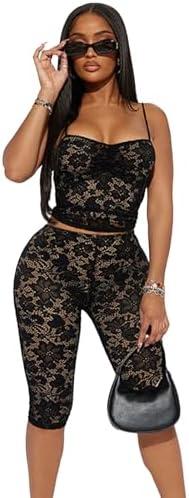 Mandonce Sexy Outfits For Women Sleeveless V Neck Lace Camisole Crop Tops Match Skinny Lace Capri Pants Clubwear Trendy M