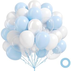 60pcs Blue and White Balloons 12inch, Clear Pearl White Light Blue Balloons for Baby Shower Birthday Party Decorations