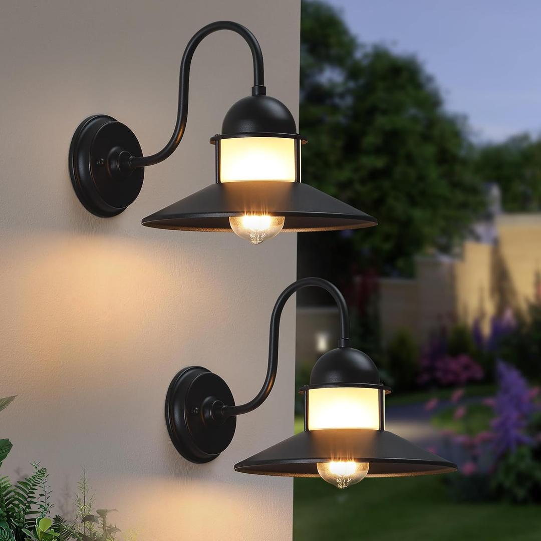 Gooseneck Outdoor Light Fixtures 2-Pack, 10 inch Black Exterior Wall Sconce, Farmhouse Barn Lighting for Porch, Industrial Garage Entryway Patio, Waterproof Rustic Metal