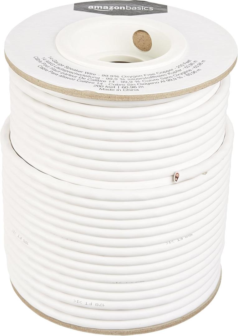 Amazon Basics 14-Gauge Audio Speaker Wire Cable, 200 Feet, 99.9% Oxygen-Free Copper for Clear Sound, Red and Black Color Coded, White