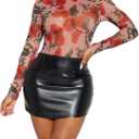 Women's Printed Mesh Long Sleeve Bodysuit, Sexy One Piece with Mock Neck Snap Crotch Leotard Top (Red, M)