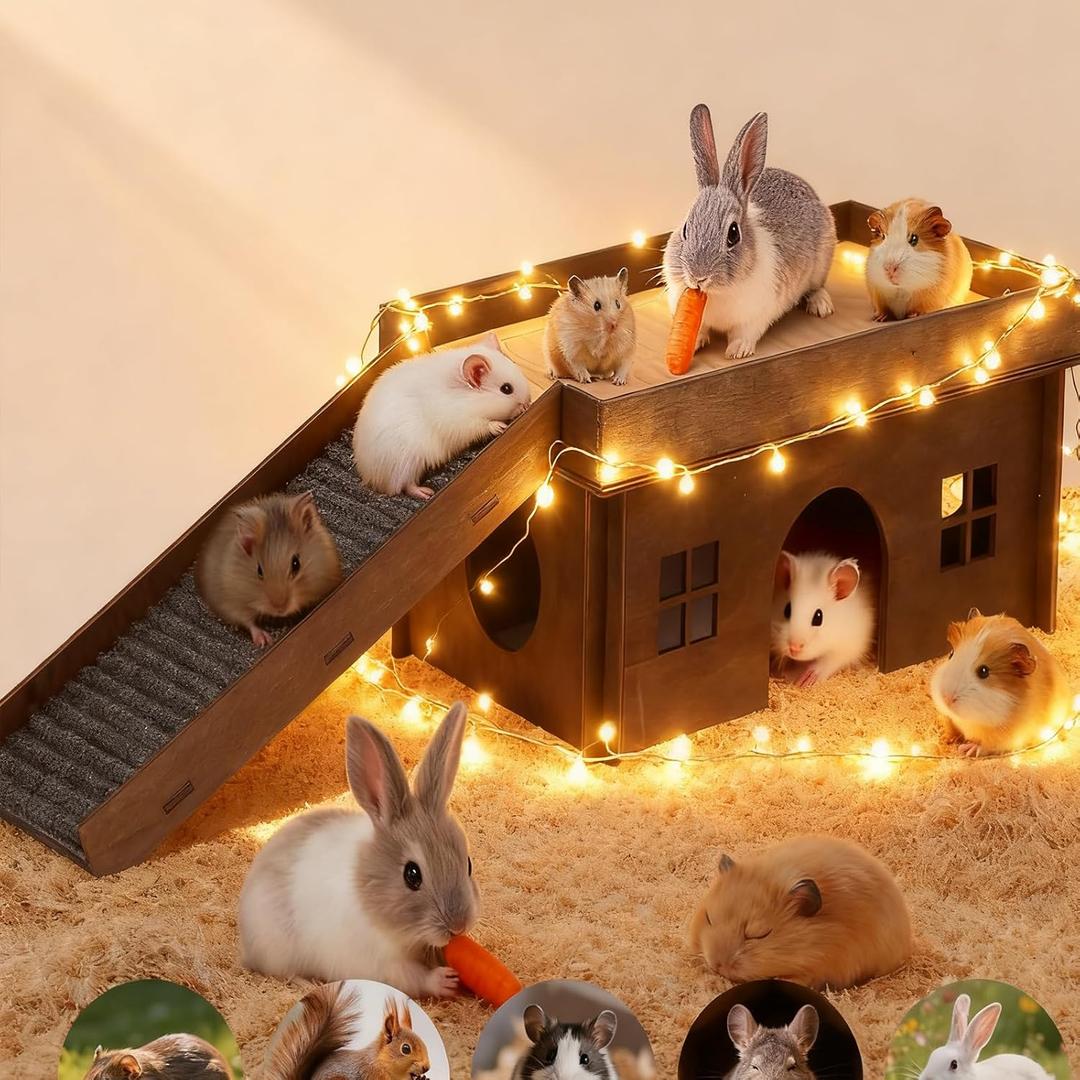 Large Bunny House with Stair, Wooden Bunny Castle Rabbit Hideout, Chinchilla and Guinea Pigs Hut Hideouts, Sturdy Rabbit Cage Hamster Hideout Bed HutchExcluding String Lights