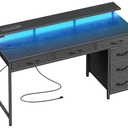 Huuger Gaming Desk with 6 Drawers, Computer Desk with LED Lights Power Outlets and Type-C, 47 Inch Office Desk with Storage, Monitor Stand, Writing Desk Work Desk Home Office, Bedroom, Study, Black