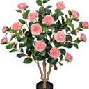 3ft Artificial Camellia Tree Fake Camellia Plant with Pink Flowers Faux Floral Plant Blooming Tree in Black Pot for Indoor Outdoor Office Home Front Door Porch Decor (1 Pack - Pink)