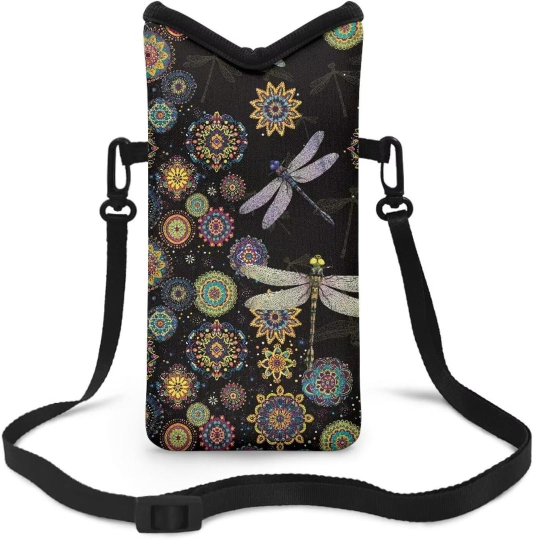 Neoprene Small Crossbody Bag with Adjustable Strap Water-Resistant Portable Cellphone Pouch for Travel, Outings (Boho Flower Dragonfly Black)