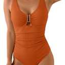 B2prity One Piece Swimsuit for Women Tummy Control V Neck Bathing Suit Slimming Ruched Swim Suit Cutout Swimwear (X-Large, Orange Ribbed)