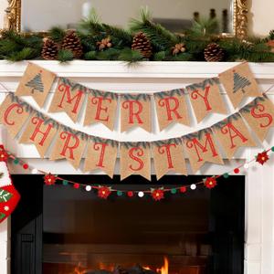 Merry Christmas Burlap Banner and Felt Poinsettia Garland, Pre-strung Christmas Banners Garlands, Xmas Decorations for Home Mantel Office Decorations