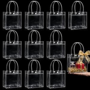 MAQIHAN Clear Gift Bags with Handles - 10 Party Favor Candy Bags, Plastic Goodie Bags Transparent, bolsitas, for Valentines, Mother's Day, Christmas, Baby Shower, Wedding, Birthday, Mini 5.9'' x 6.3''