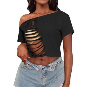 LovelyWholesale Womens Off The Shoulder Crop Tops Sexy Cut Out Ripped Short Sleeve T Shirts Black Small (Black, S)