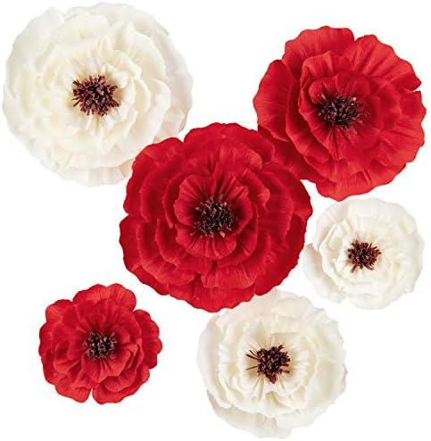 MEJOY Paper Flower Decorations for Wall, Flower Wall Decor for Birthday Wedding Backdrop Baby Nursery Wall Decor Baby Showers Bridal Shower (Red+White, 6Pcs)