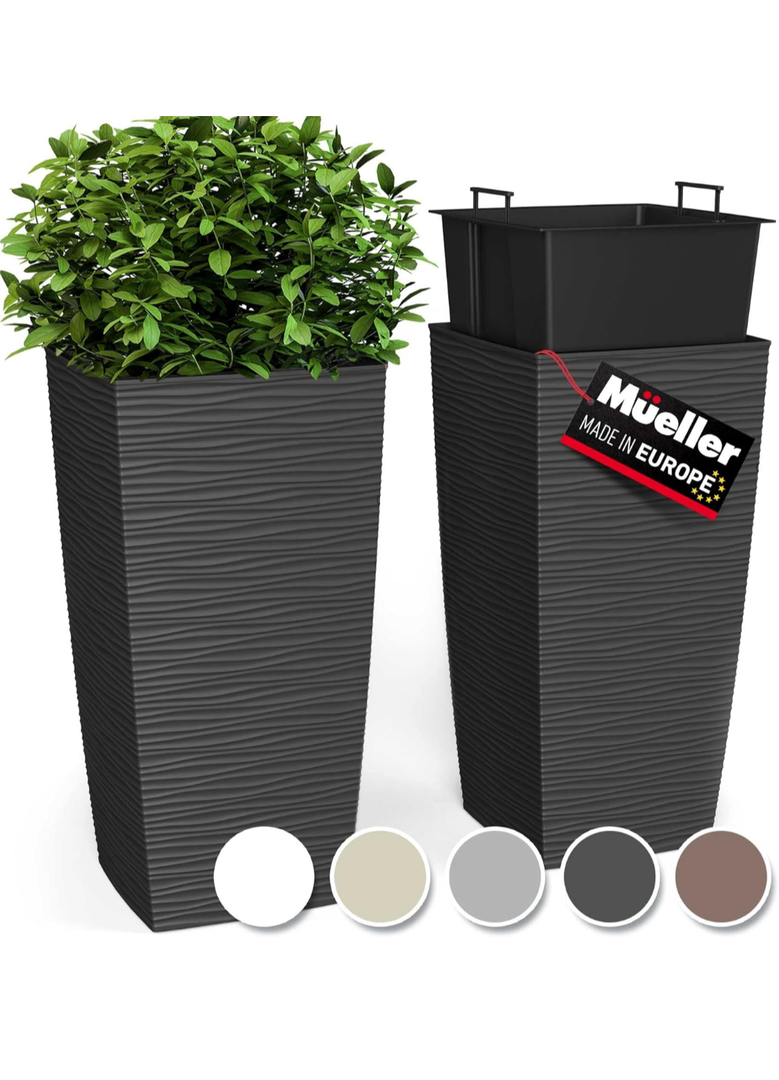 Mueller M-Resin Heavy Duty Tall Planter, Indoor/Outdoor Grande Plant, Tree, Flower Pot, 2-Piece Set, 18”, Modern Design, Built-in Drainage, Dark Grey 1,8 Gallon