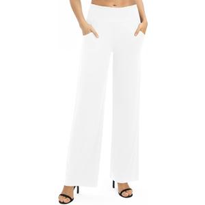 Women's Loose Straight Leg Palazzo Pants High Elastic Waist Causal Trousers with Pockets (X-Large, White)