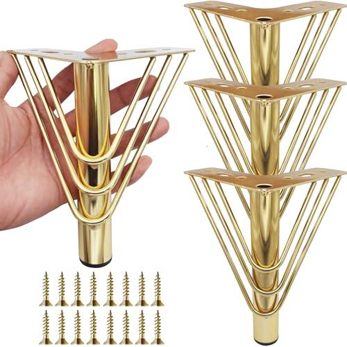 Hyever Heavy Duty Metal Furniture Legs, 7 Inch Gold - Set of 4 for Sofa, Cabinet, Dresser & Couch | Rust-Resistant, Anti-Slip Pads, Modern DIY Replacement Feet