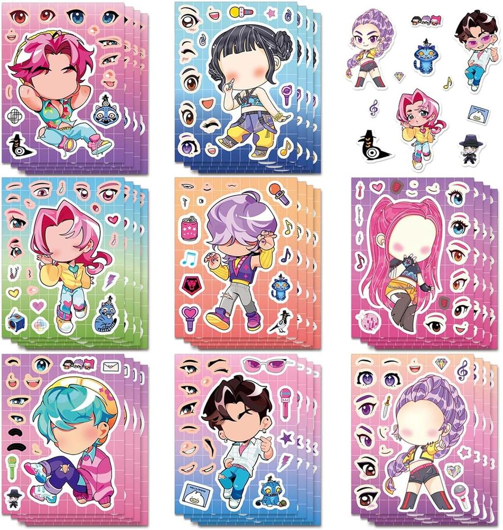 3 x Demon Movie Hunters Stickers 24 Sheets Sticker Cute Cartoon Charaters Make Your Own Sticker,Kawaii Make a Face Stickers Party Favors Activities Holiday Gifts