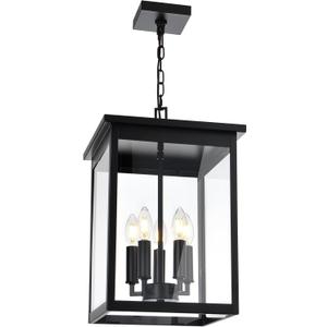 5-Lights Large Outdoor Pendant Light Fixtures, Black Exterior Hanging Porch Light with Adjustable Chain & Clear Glass, Waterproof Ceiling Mount Lantern Lighting Yard Front Door, E12 Bulb Base
