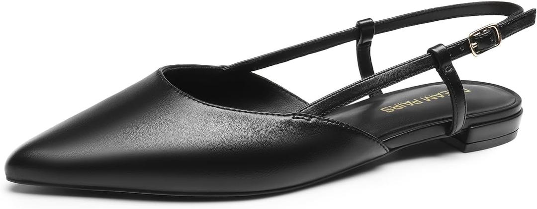 DREAM PAIRS Slingback Flats for Women, Pointed-Toe Elegant Women's Ballet Flats with Buckle Strap, Classic Low Heel Dress Shoes for Casual Work Office Party (8.5, All Black-pu)