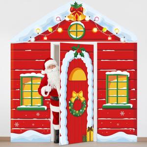 Christmas Door Decoration Santa Workshop Door Cover Christmas Holiday Red House Hanging Backdrop Xmas Porch Banner for Winter Holiday Outdoor Garage Classroom Home Decor