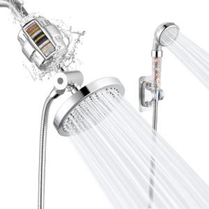 Filtered Rain Shower Head, 6 Round Showerhead and 3 settings Handheld Shower Filter Combo, Remove Chlorine Fluoride and Harmful Substances, Chrome