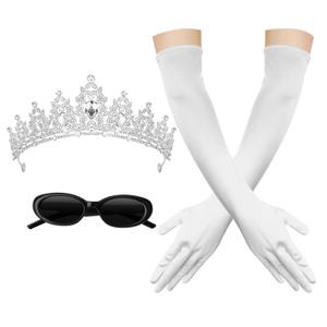 Princess Costumes Accessories for Women Silver Crown Headband Queen Tiara Long White Gloves and Sunglasses Set for Women's Princess Costume Party Cosplay Dress Up Bachelorette Party Decorations (Silver-03(no Headphones))