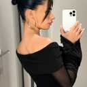 WDIRARA Women's Off Shoulder Buckle Mesh Insert Top Flare Long Sleeve Crop Blouse (Black, XS)