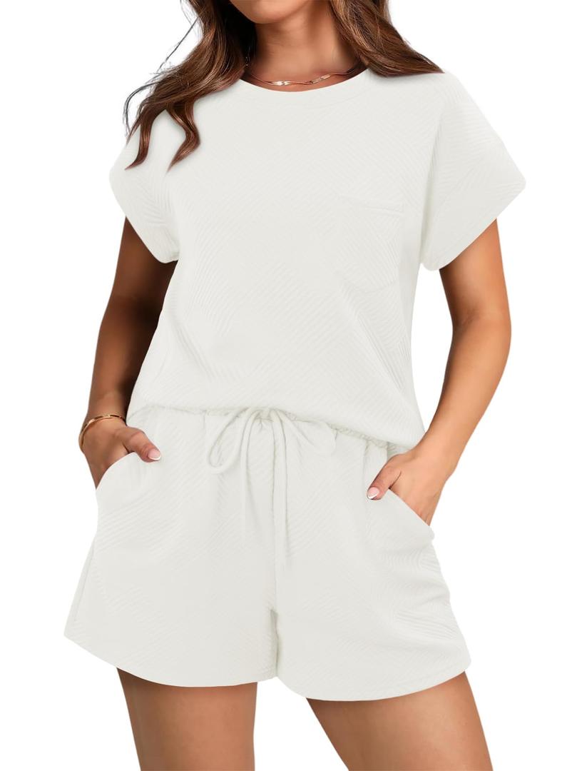 KISSMODA Two Piece Sets for Women Sweatsuit Casual Tracksuits Short Sleeve Pullover Tops and Shorts 2025 Lounge Outfits White X-Large (White, XL)