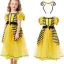 Bee Costume Kids Girls Funny Animal Costume Suit Yellow Princess Dress Headband Halloween Outfit Cosplay Fancy Dress (2X-Large/150)