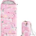 Wake In Cloud - Kids Sleeping Bag for Girls Toddlers, Camping in Warm Cold Weather, Backpacking Lightweight Compact Outdoor Liner for 3 Seasons Summer Spring Fall, Unicorn Rainbow Pink, Standard 61″x26″