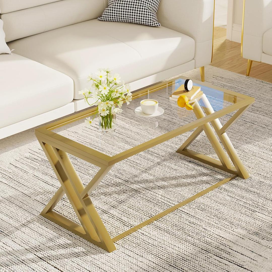 Wolawu Coffee Table Gold Glass Coffee Table for Living Room,Modern Rectangular Center Table with Sturdy Metal Frame,Tempered Glass Table Tea Tables for Bedroom Home Office