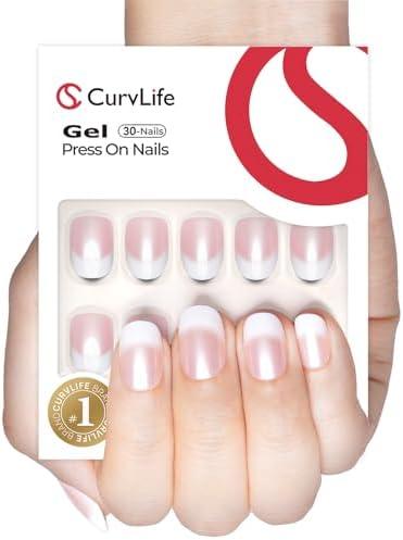Curvlife Soft Gel Press on Nails Gel Fake Nails, French Style Design Full Cover False Nails for Women Reusable Nail Kit with Nail Glue Adhesive Tabs Nail File