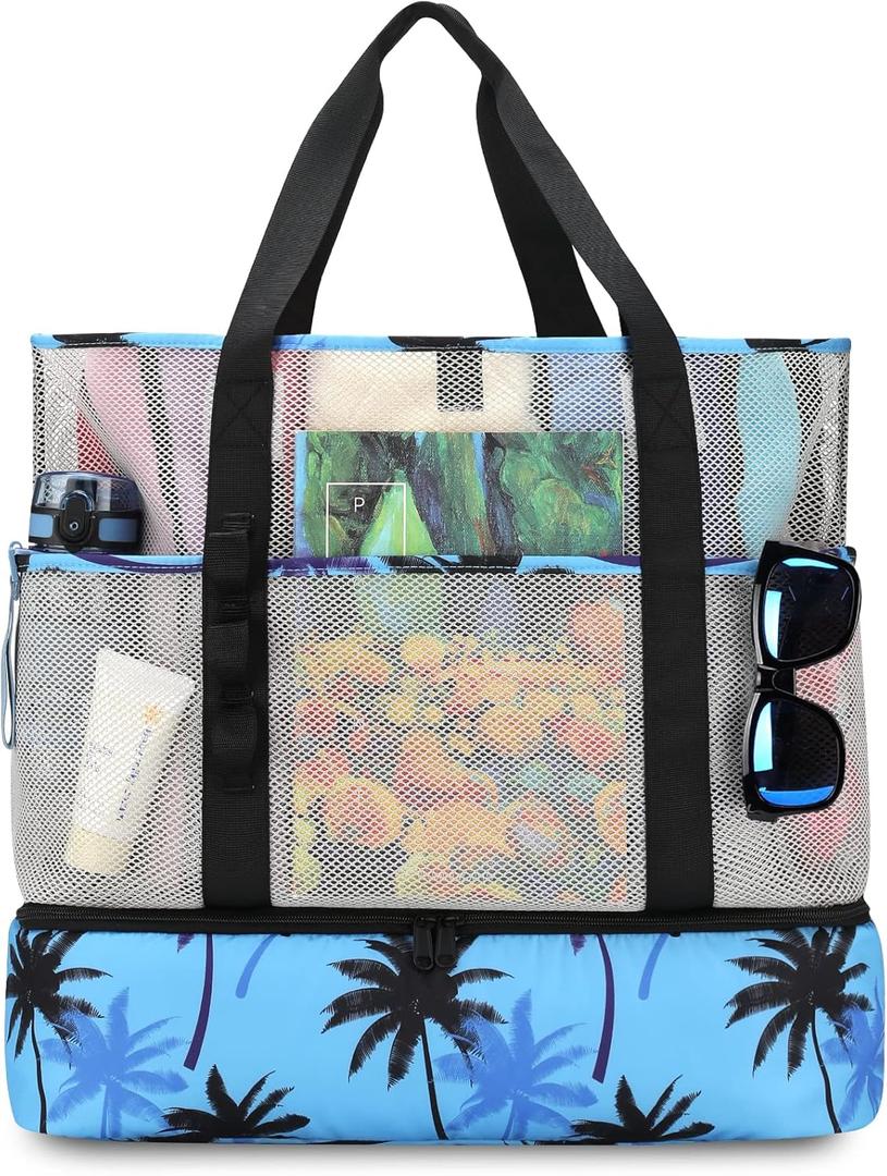 Beach Bag with Cooler,Mesh Beach Bags for Women Sandproof for Pool and Swimming Travel Daily with Durable 8 Pocket (Large, Tree)