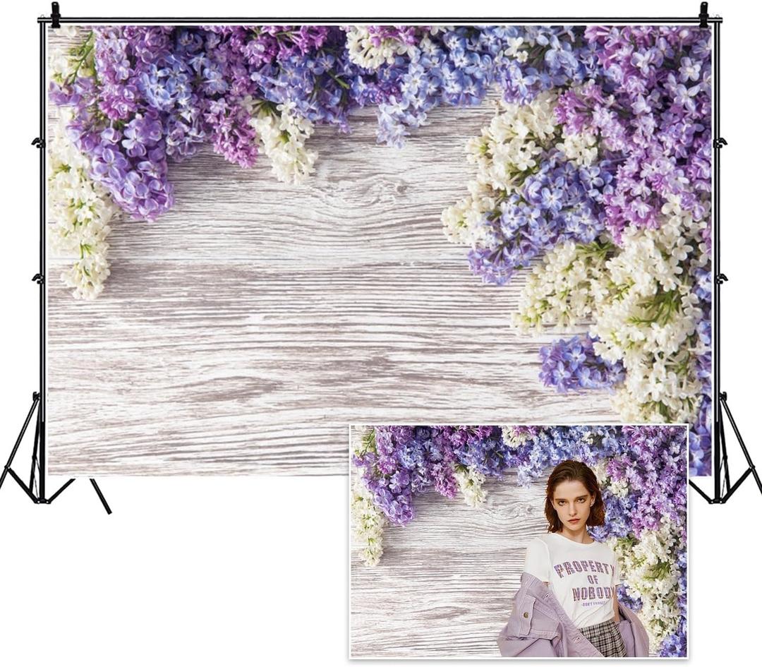 Vie Savaran 5x3ft Flowers Backdrop Purple White Lilac Bouquet Wooden Plank Flowering Shrub Photography Background Wedding Bridal Shower Party Valentine's Day Gift Studio Photo Props Polyester
