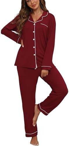 ZMJ Womens Pajamas Sets 2 Piece Long Sleeve and Pant Pj Sets Button Up Sleepwear Large
