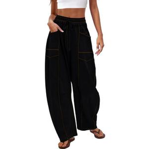 EDOTON Women Barrel Sweatpants Baggy Wide Leg Lounge Pants with Drawstring and Pockets Comfy Summer Pants (Black, M)